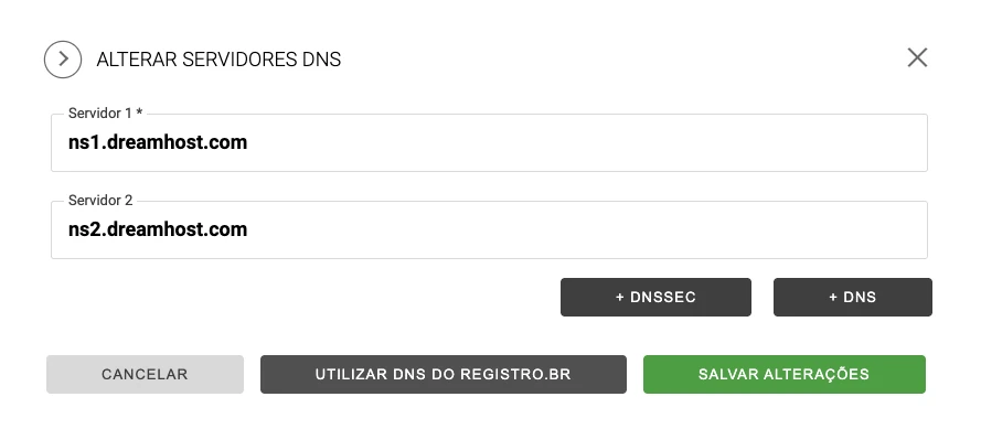 Formulário do Registro.br com ns1.dreamhost.com e ns2.dreamhost.com