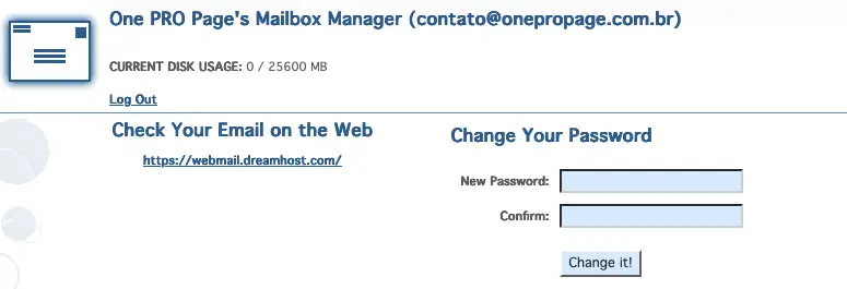 Tela para trocar a senha do e-mail