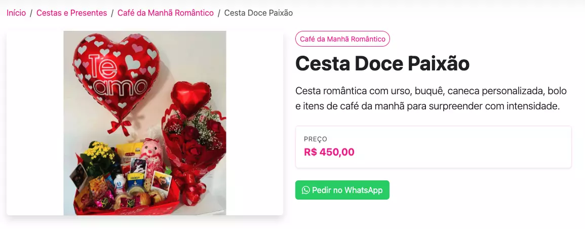 Página de detalhe do produto com preço e botão Pedir no WhatsApp