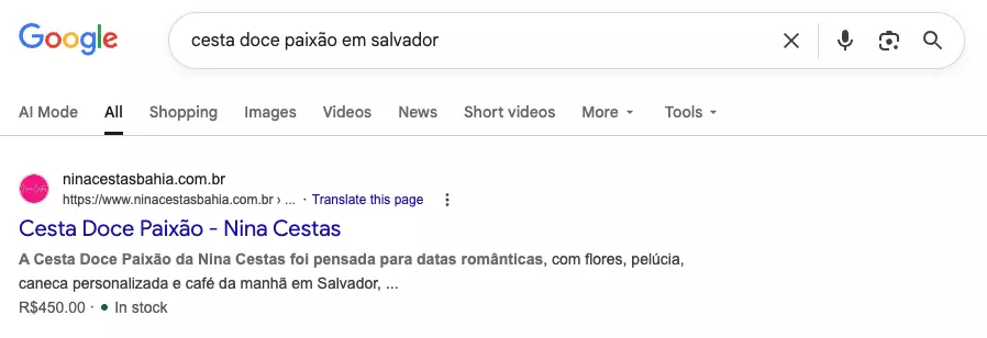 Resultado de busca no Google mostrando produto da Nina Cestas Bahia com nome, descrição e preço