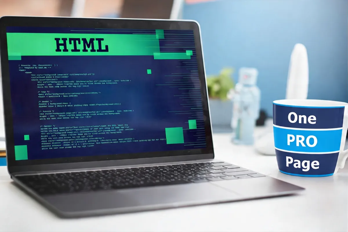 Notebook com código HTML e caneca de café da One PRO Page