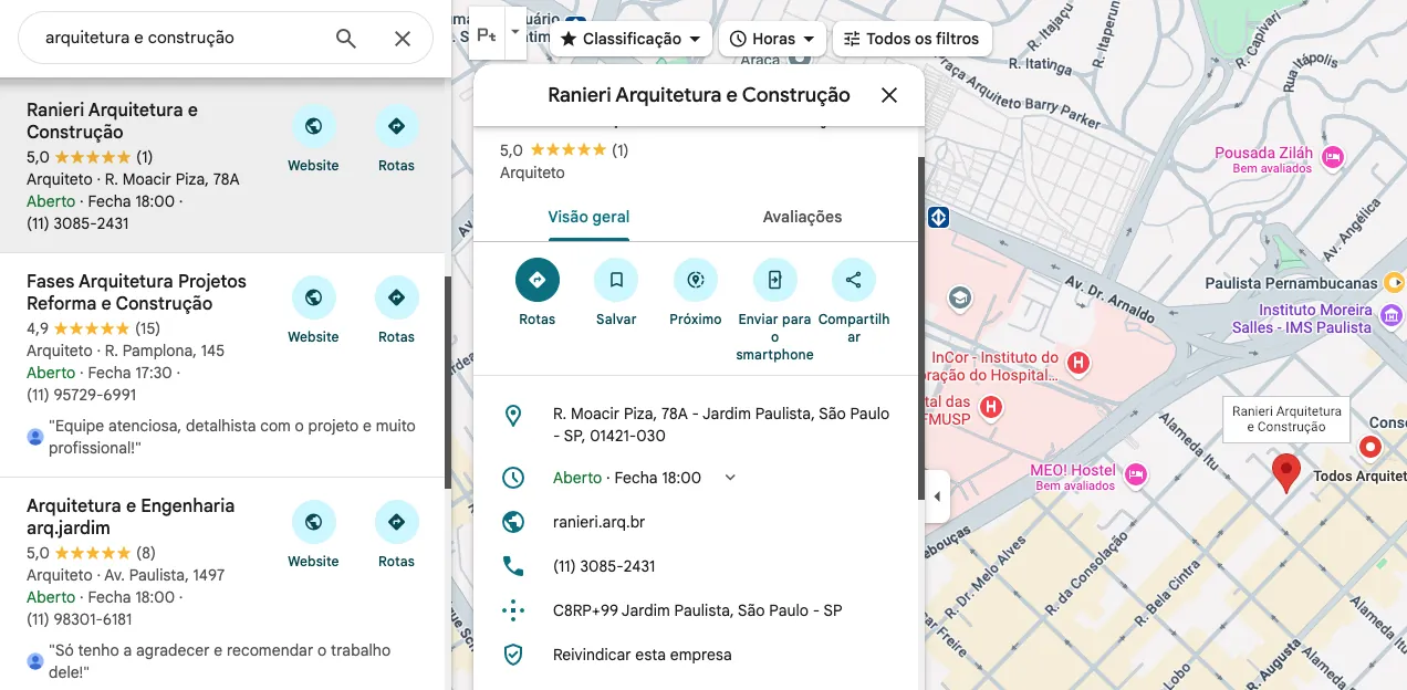 Resultado de busca por arquitetura e construção no Google Maps