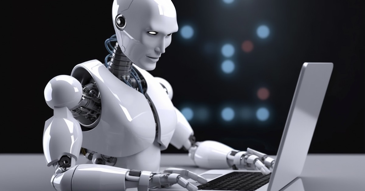 Robô usando notebook, representando uma IA generativa processando e respondendo perguntas